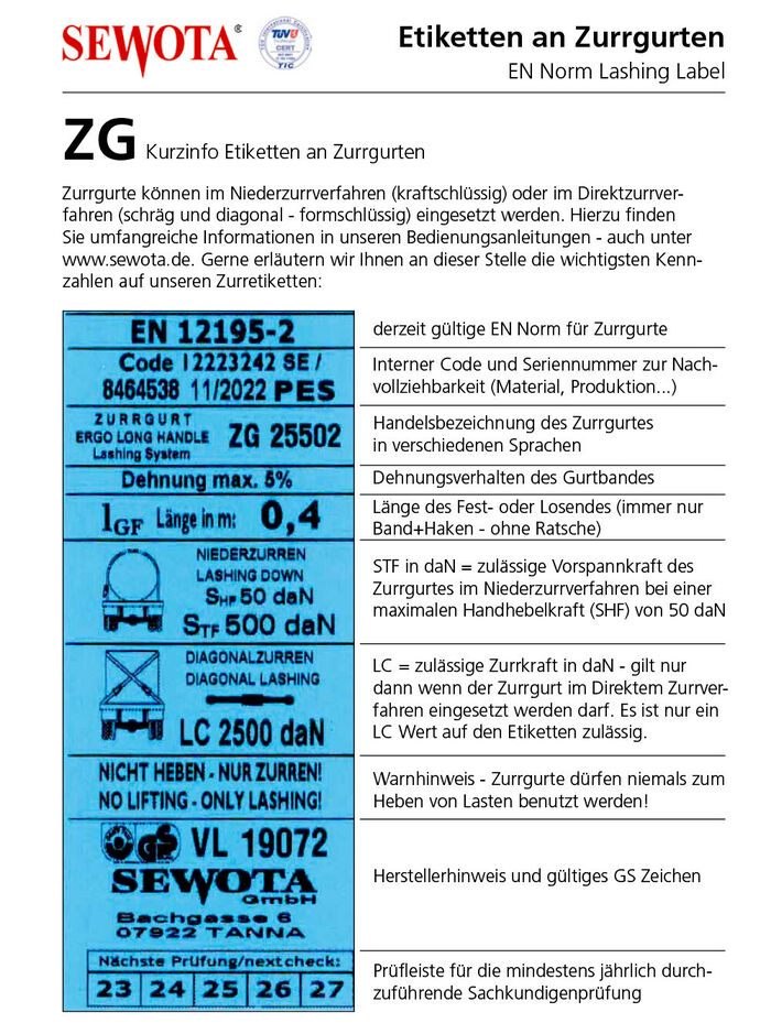 Angaben auf unseren Zurrgurtetiketten